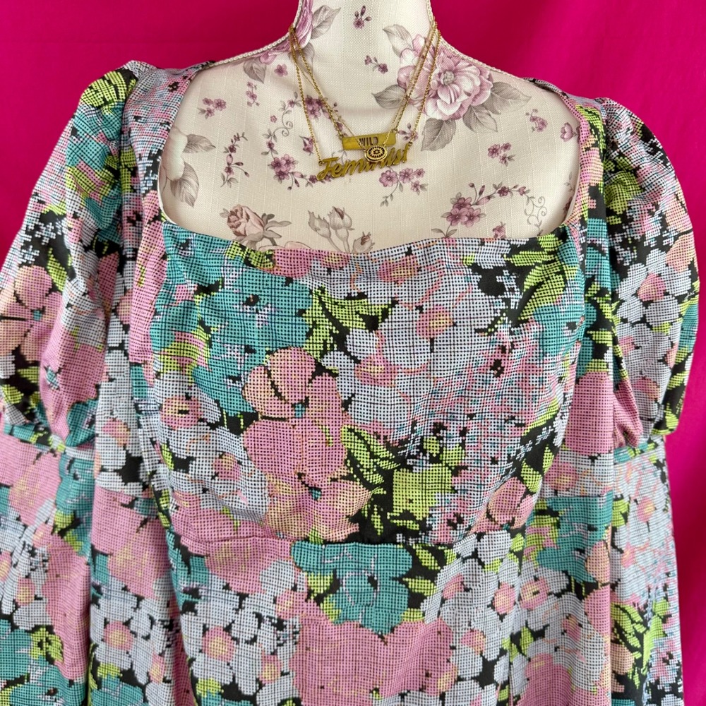 ASOS Curve Puff Sleeve Floral Mini Dress Plus Size 22 Long Sleeve Open Back Tie - Picture 8 of 14